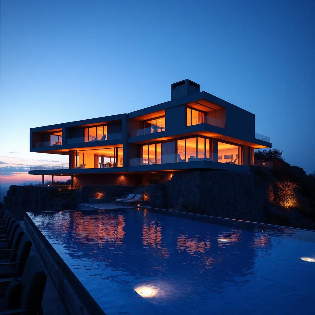 Photoreal modern hillside villa at blue hour with a large infinity pool reflecting warm interior lighting, the type of exterior still that anchors a residential rendering package