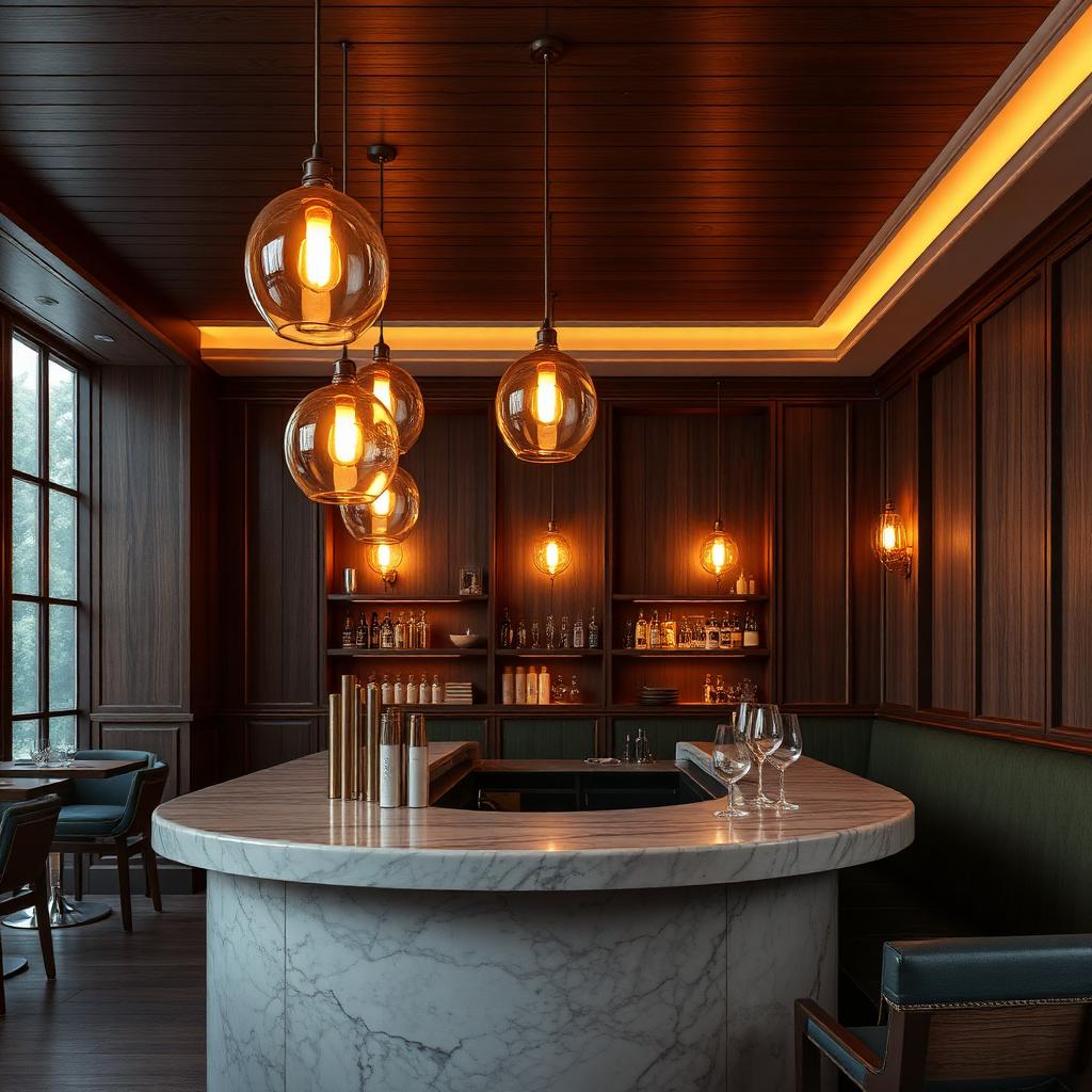 Intimate restaurant interior at evening with warm glass pendant lights hanging over a marble bar, dark timber panelled walls, backlit shelving with liquor bottles, banquette seating in dark green leather to the right