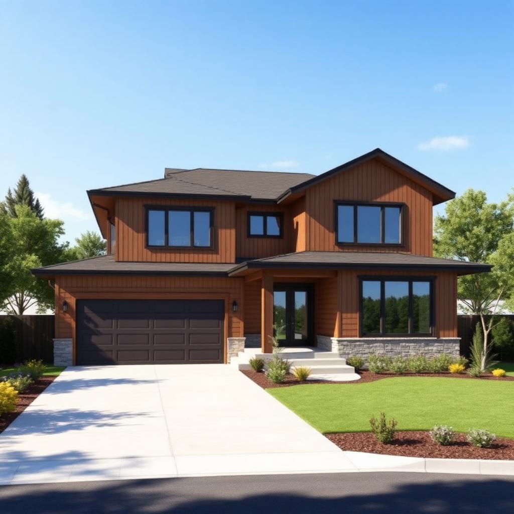 Contemporary two story residential home with wood cladding, driveway and landscaping under clear blue sky, rendered from SketchUp with V-Ray