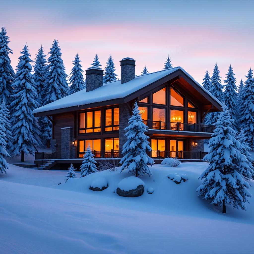 Contemporary alpine cabin with dark timber cladding and gabled stone chimney set in fresh snow at dusk, warm windows glowing amber against a soft pink and blue twilight sky, snow covered pine trees to either side
