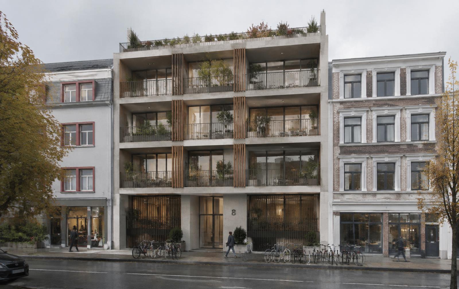 Street view render of a mid rise apartment building in soft overcast light, sitting between existing period buildings with balcony planting, bicycles and pedestrians