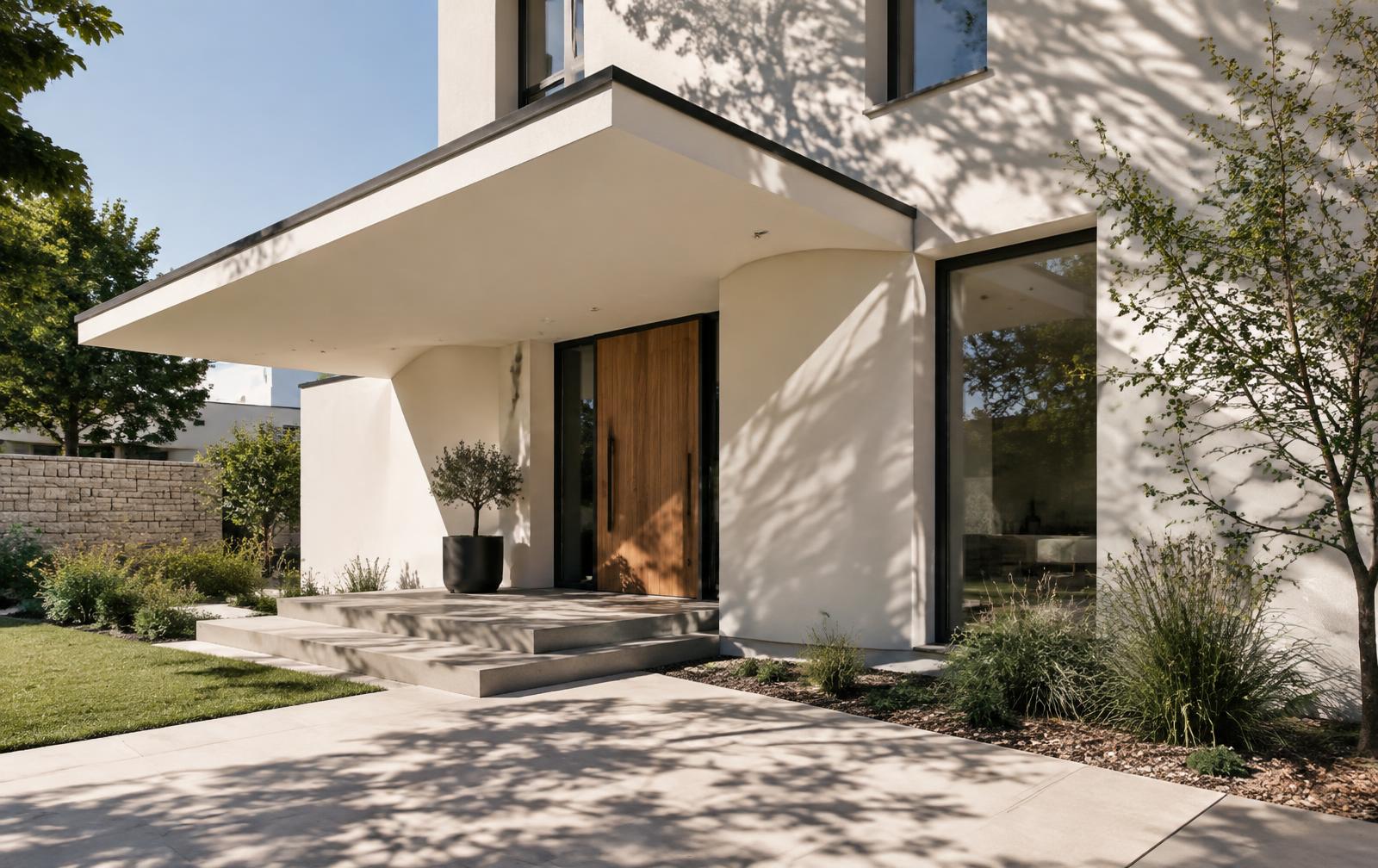 Exterior residential render in bright daylight showing a deep entry canopy casting a crisp shadow across white render walls with dappled tree shadow patterns