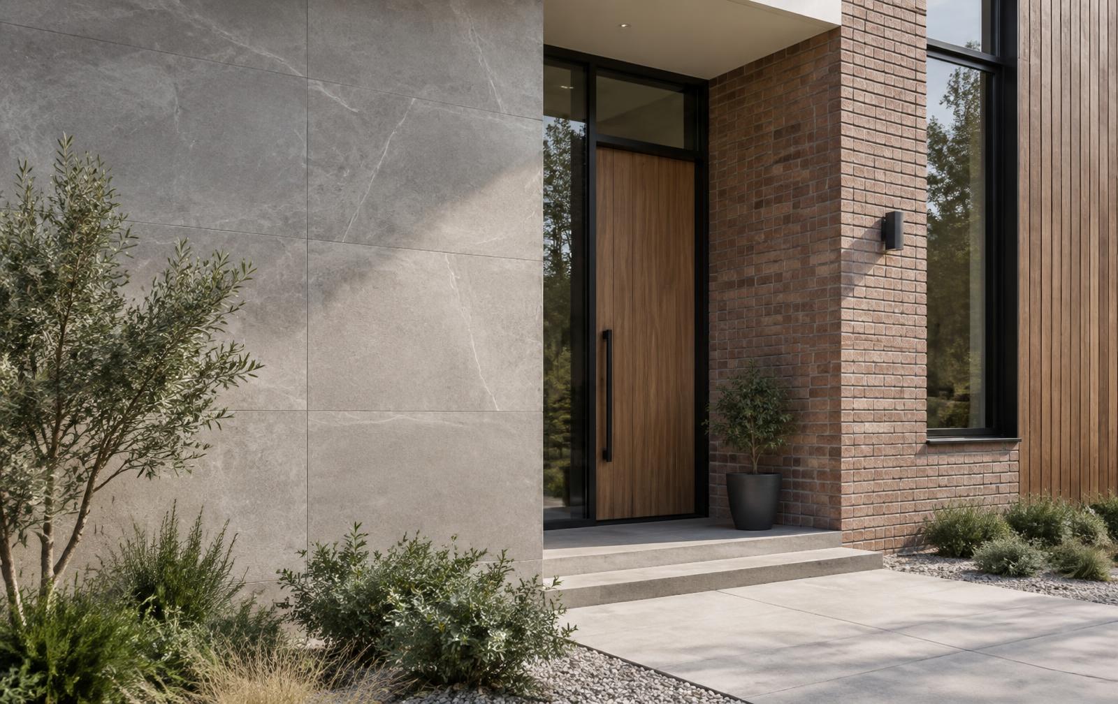 Exterior detail render comparing large format porcelain cladding, brick, and vertical timber battens at correct real world scale in daylight