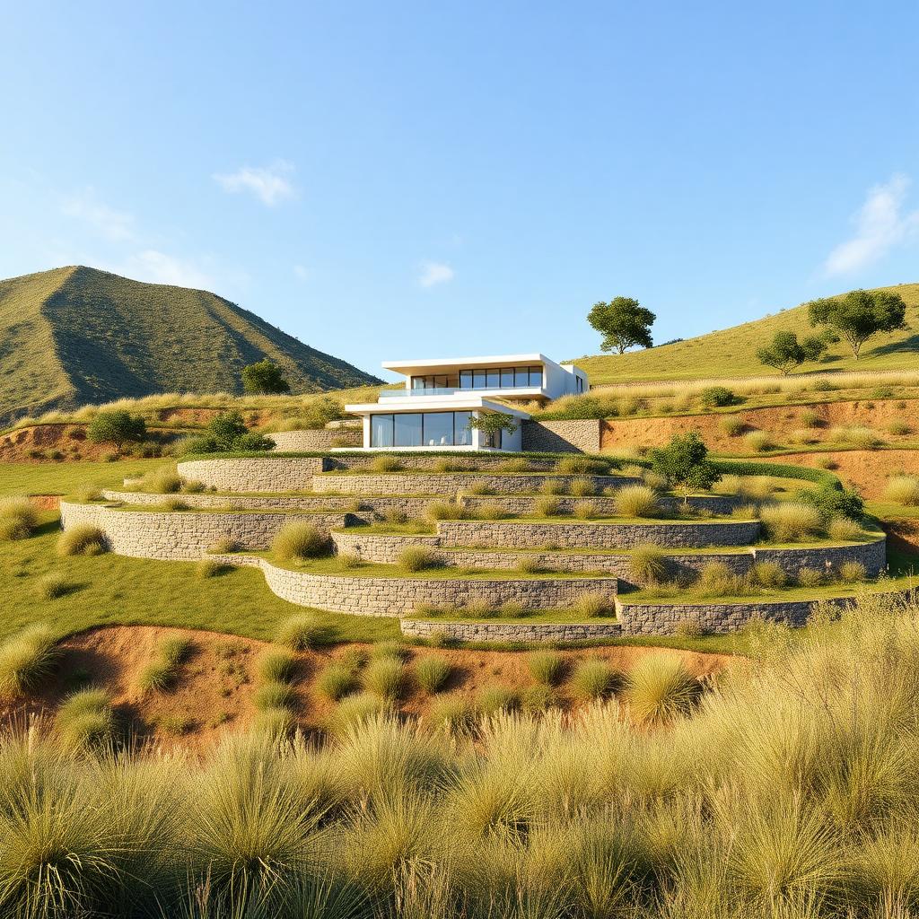Modern hillside residential house with terraced dry stone retaining walls set into a grassland slope under blue sky