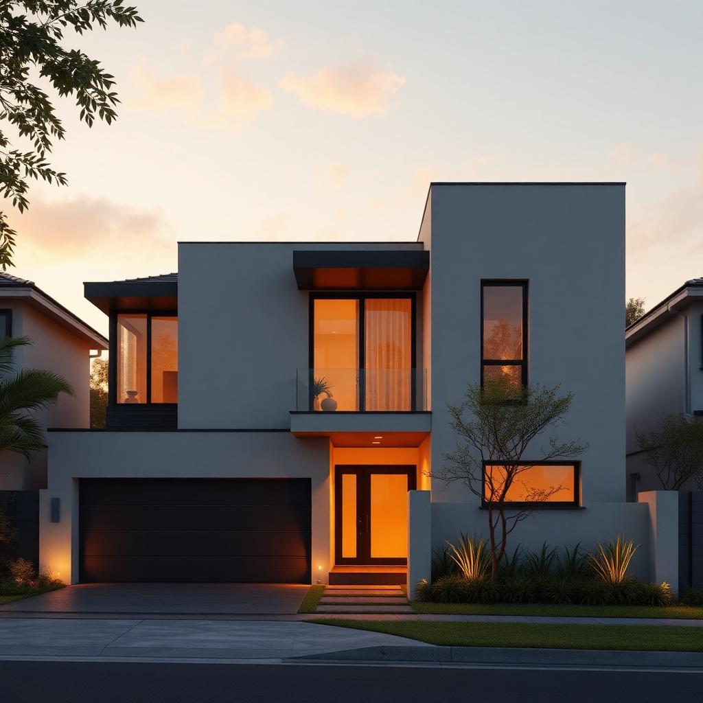Contemporary two storey residential exterior with white render facade and dark timber accents at golden hour, warm interior lighting spilling from the front windows, landscaped garden with plants and a small tree, rendered with a stylized real time engine look