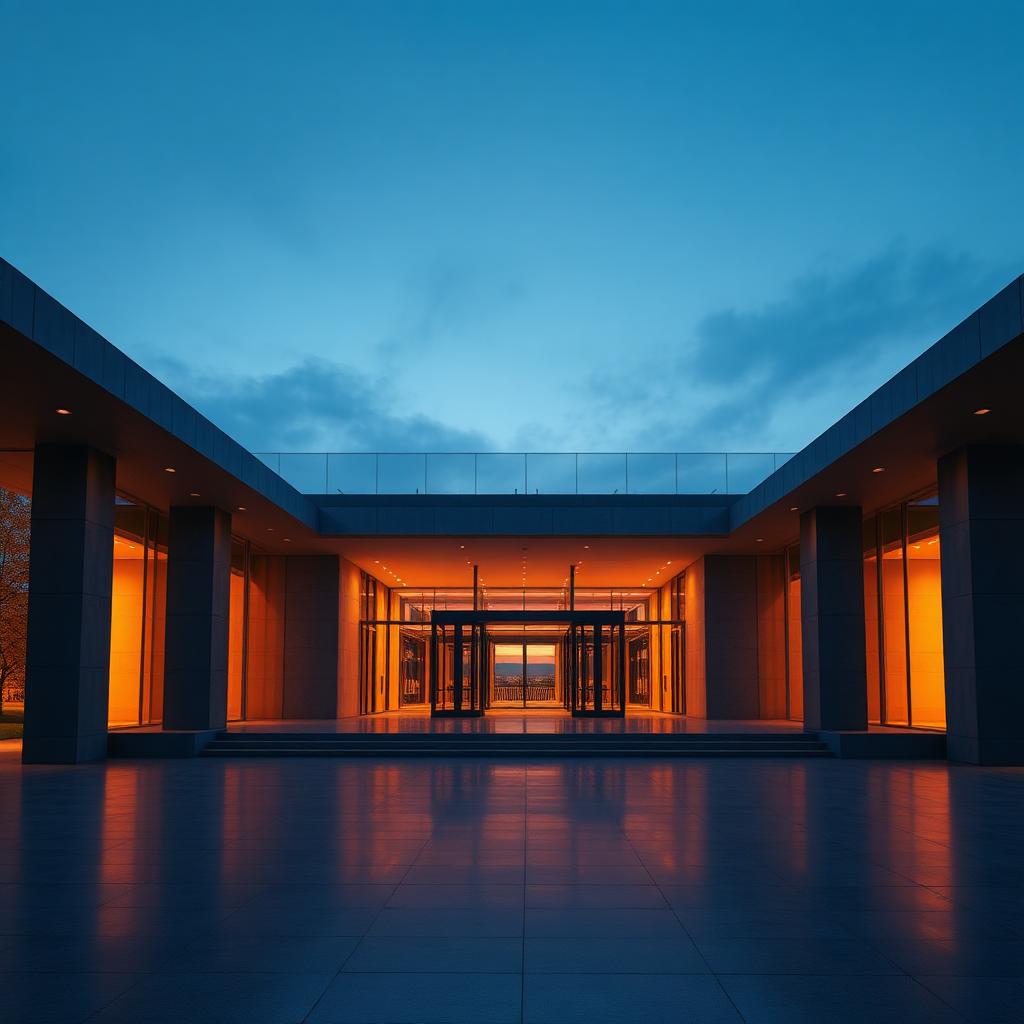 Contemporary museum entrance rendered in Unreal Engine 5.4 at twilight, board formed concrete facade with warm interior lighting spilling onto a wet stone plaza, real-time Lumen global illumination