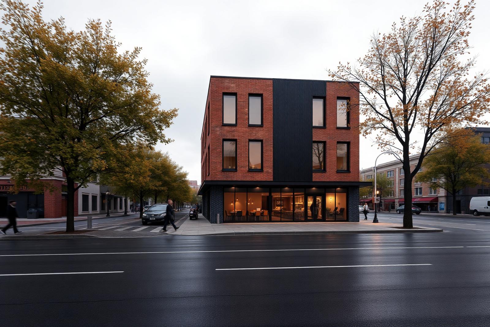 Four storey brick and dark aluminium mixed use urban building on an overcast morning with wet asphalt and autumn street trees, rendered in V-Ray 7