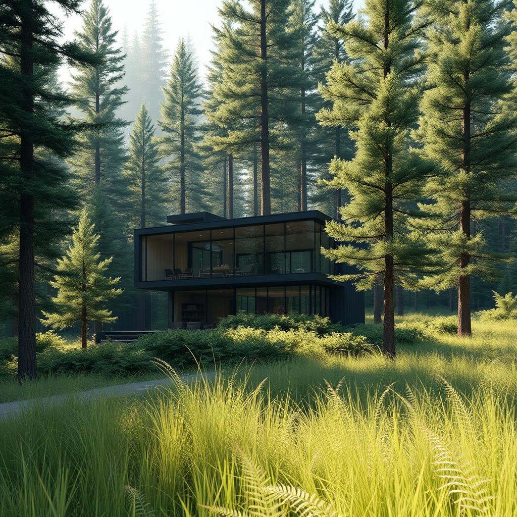 Contemporary two storey glass and dark timber house set into a dense scattered pine forest with soft ferns and grasses in the foreground, morning light filtering through the canopy