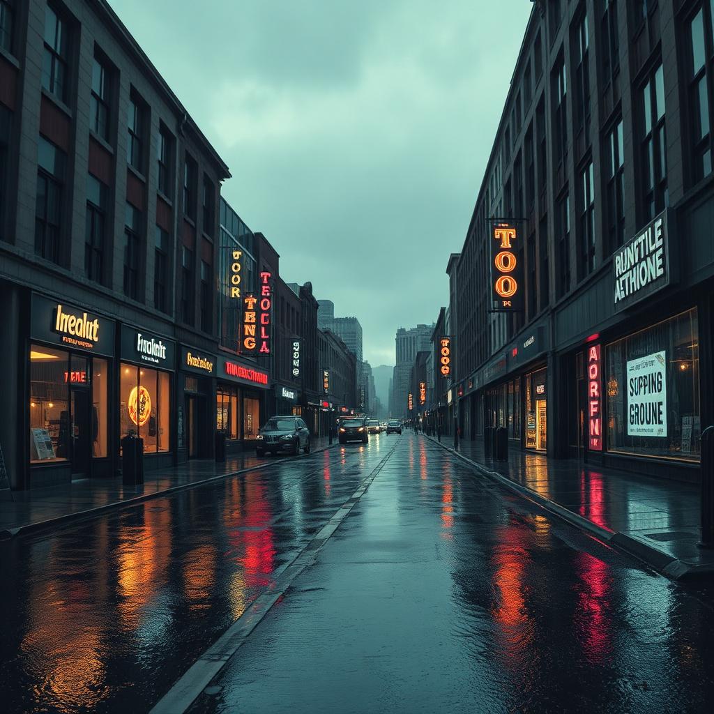 Urban street after rain at dusk with wet asphalt reflecting warm shopfront neon signs and interior café lighting, moody overcast sky, a couple of parked cars, deep atmospheric depth into the frame