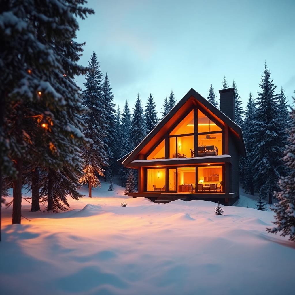Modern mountain cabin at dusk in a snowy pine forest with warm interior lights glowing through large glass windows