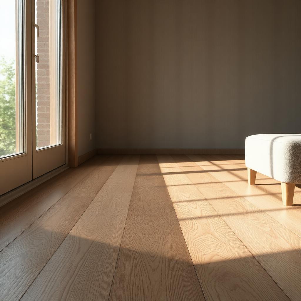 Empty corner of a warm modern interior showing wide european oak plank flooring with visible natural grain and a subtle satin sheen, raking morning sunlight from a floor to ceiling window on the left casting long shadows across the boards